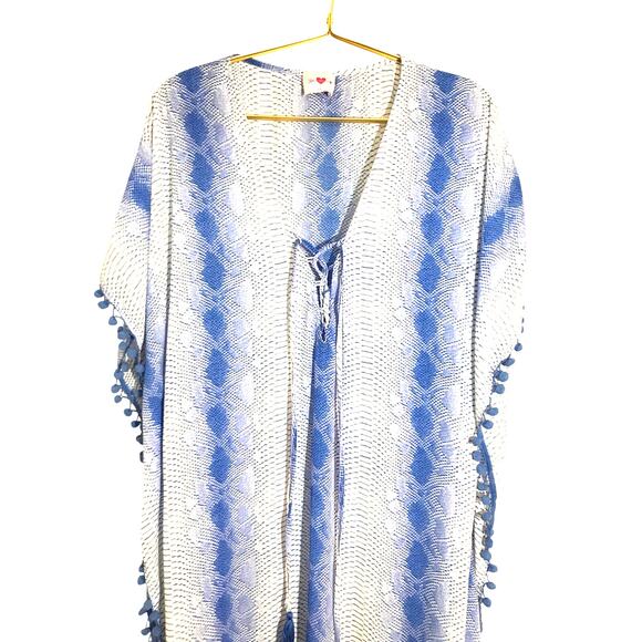 Buddy Love Snake Print Maxi Caftan M Blue White Pom Pom Trim - Picture 2 of 8